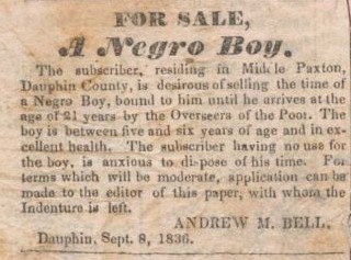 1836 Dauphin County, Pennsylvania advertisement to sell an enslaved Black child.
